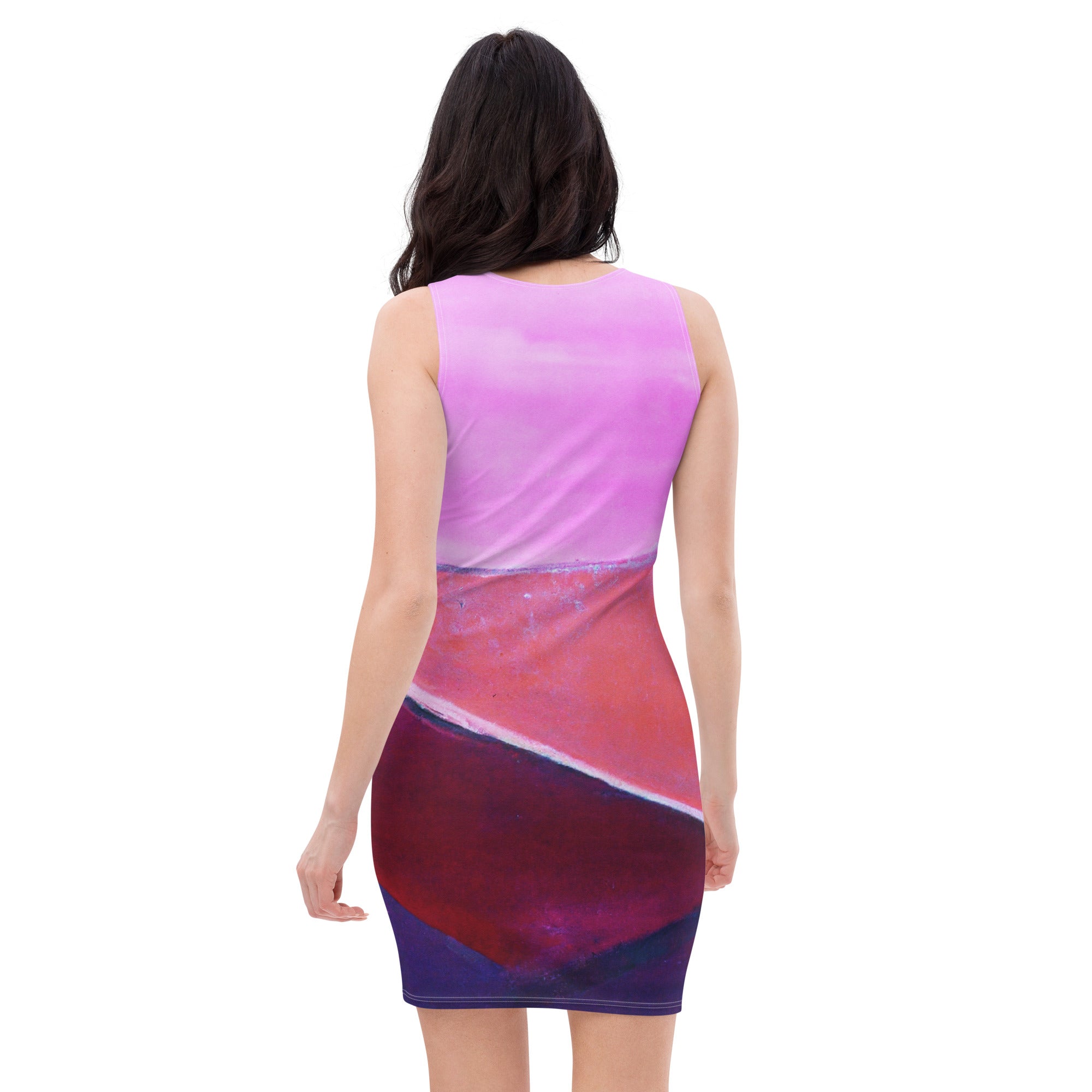 A stylish women's stretch fit bodycon dress featuring a vibrant pink and purple pattern, designed to accentuate curves and provide comfort.