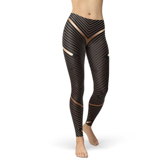 Women's Striped Lines Sports Brown Leggings showcasing unique graphic design and high-performance fabric, ideal for workouts and casual wear.