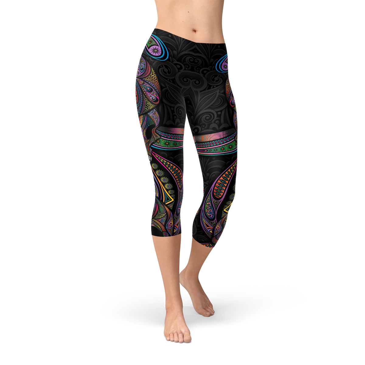 Womens Sugar Skull Capri Leggings featuring vibrant colors and intricate skull designs, perfect for workouts and casual wear.