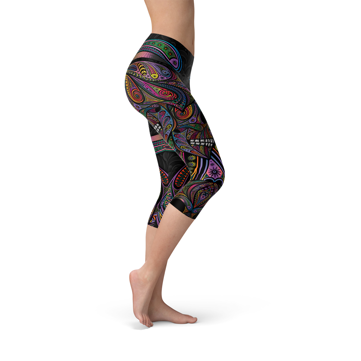 Womens Sugar Skull Capri Leggings featuring vibrant colors and intricate skull designs, perfect for workouts and casual wear.