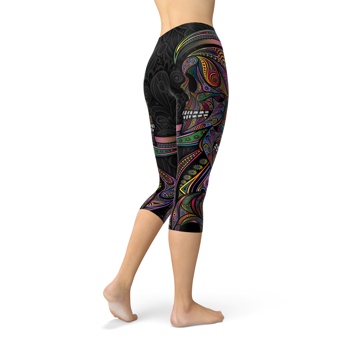 Womens Sugar Skull Capri Leggings featuring vibrant colors and intricate skull designs, perfect for workouts and casual wear.