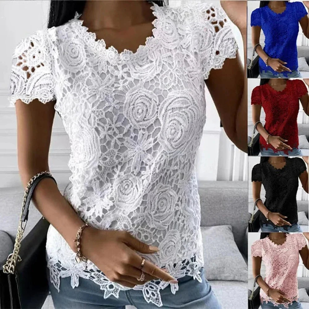 Women's Summer Short Sleeve Lace Top in various colors with intricate lace detailing, perfect for summer outings.