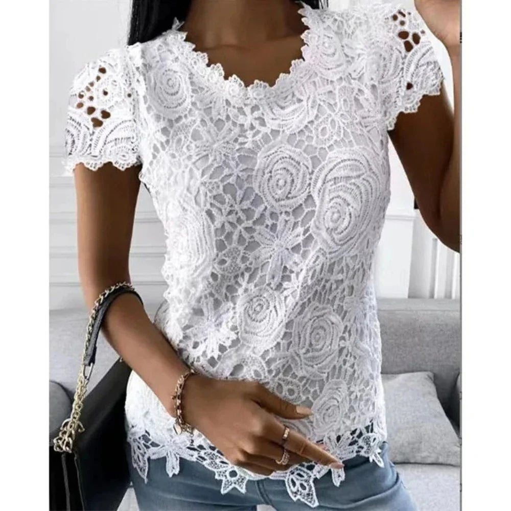 Women's Summer Short Sleeve Lace Top in various colors with intricate lace detailing, perfect for summer outings.