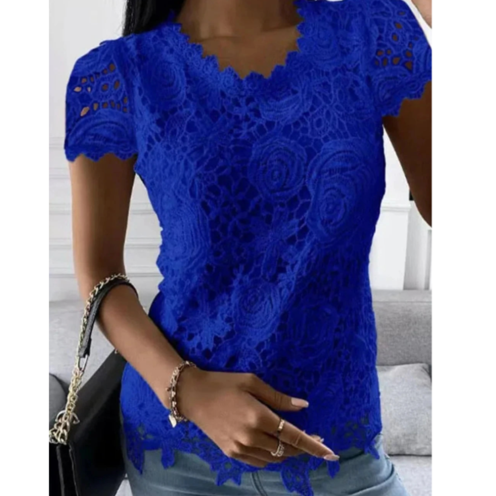 Women's Summer Short Sleeve Lace Top in various colors with intricate lace detailing, perfect for summer outings.