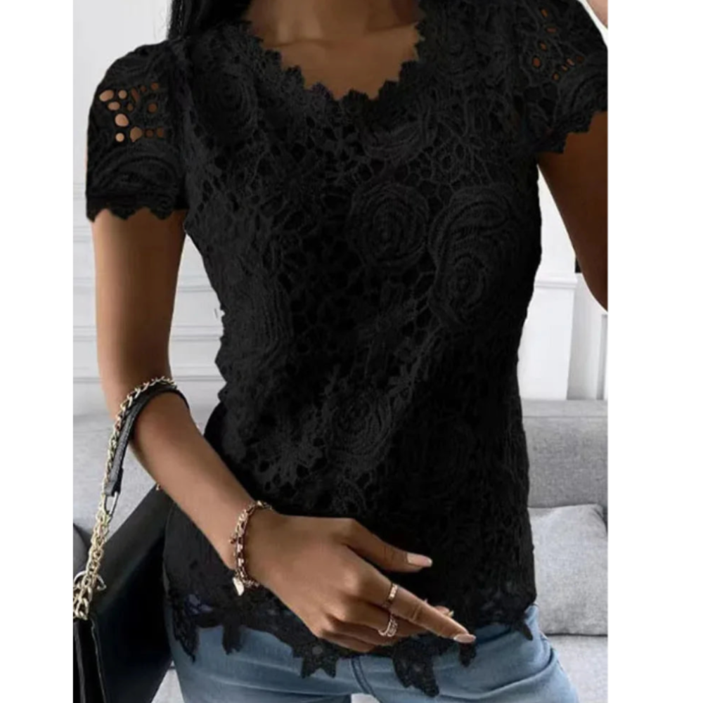 Women's Summer Short Sleeve Lace Top in various colors with intricate lace detailing, perfect for summer outings.