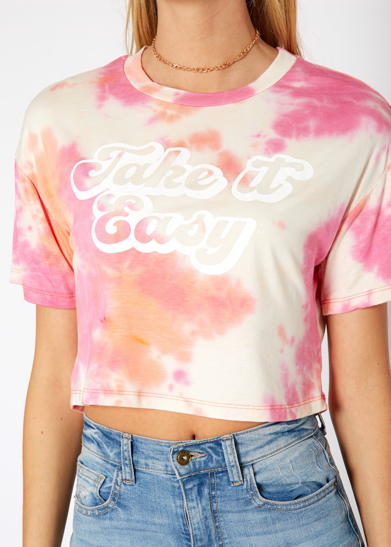 Women's 'Take it Easy' Printed Crop Top featuring a round neck and short sleeves, made from a soft rayon and spandex blend.