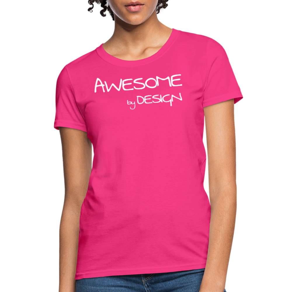 A stylish women's graphic tee featuring the phrase 'Awesome by Design', showcasing a feminine fit and available in multiple colors.