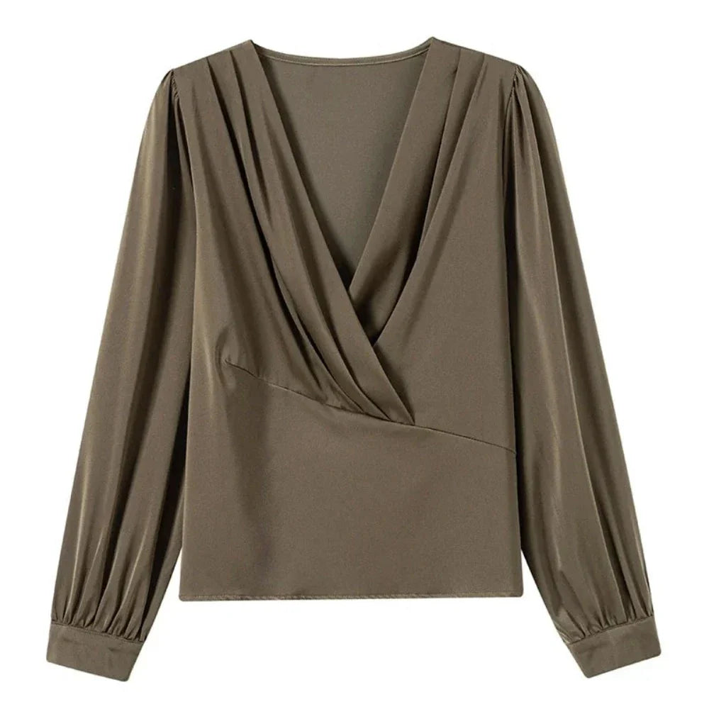 Women's V Neck Chiffon Blouse in various colors, showcasing elegant V-neckline and flowy silhouette.