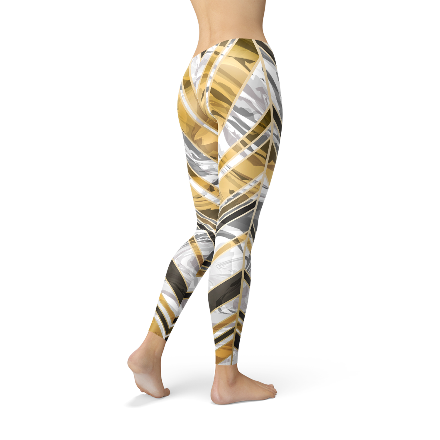 Women's white marble leggings featuring black gold lines, designed for comfort and performance during workouts.