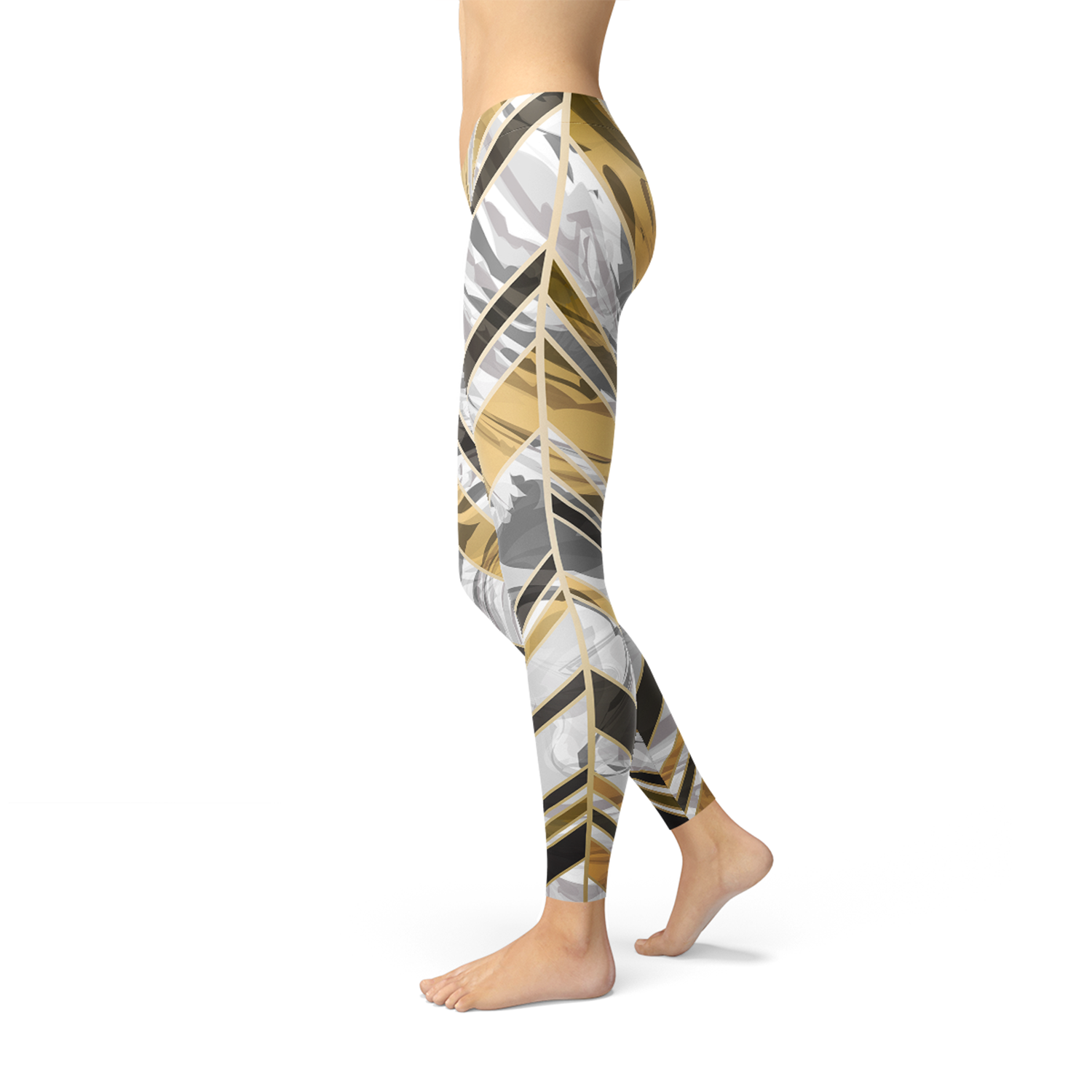 Women's white marble leggings featuring black gold lines, designed for comfort and performance during workouts.