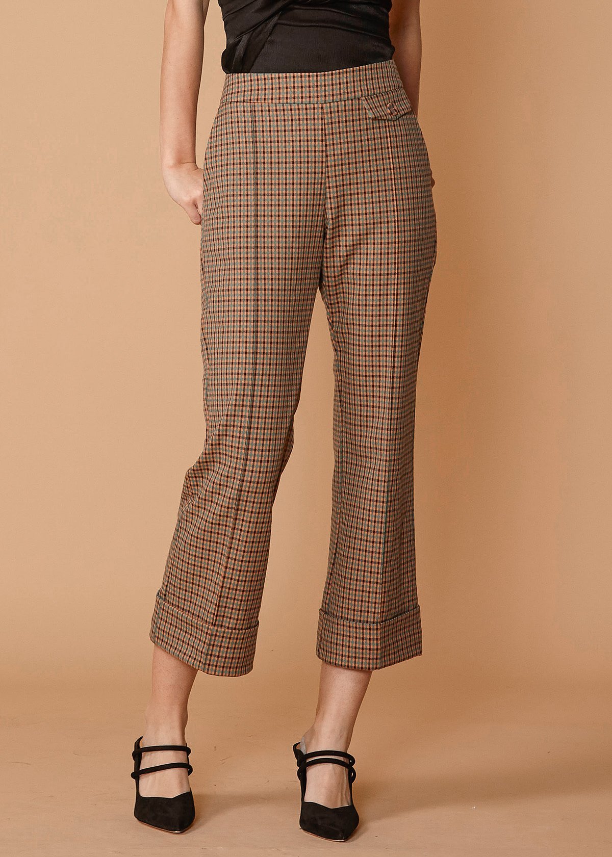 Women's Wide Cuff Trouser in Peach Gingham featuring side zipper closure and two side pockets.