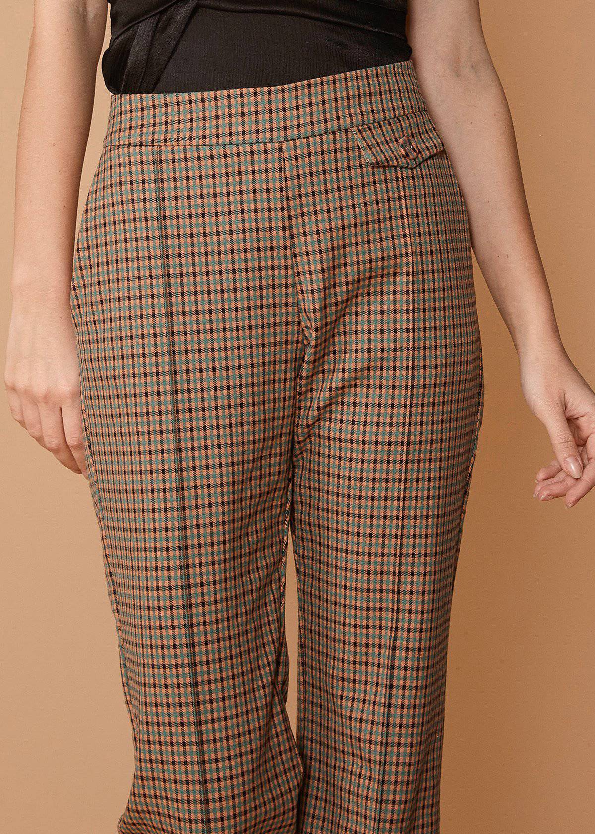 Women's Wide Cuff Trouser in Peach Gingham featuring side zipper closure and two side pockets.