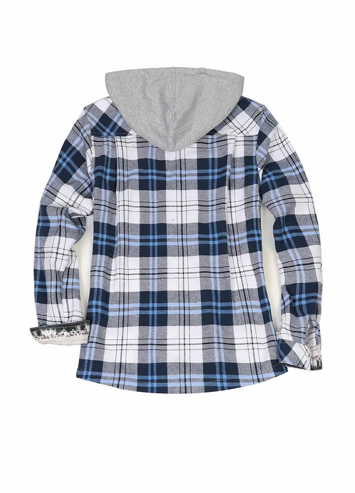 A stylish Women's Wildlife Adventure Flannel Plaid Hooded Shirt featuring a plaid pattern and wildlife scene on the cuffs, perfect for outdoor activities.