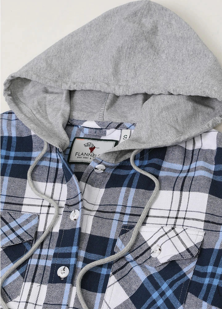 A stylish Women's Wildlife Adventure Flannel Plaid Hooded Shirt featuring a plaid pattern and wildlife scene on the cuffs, perfect for outdoor activities.