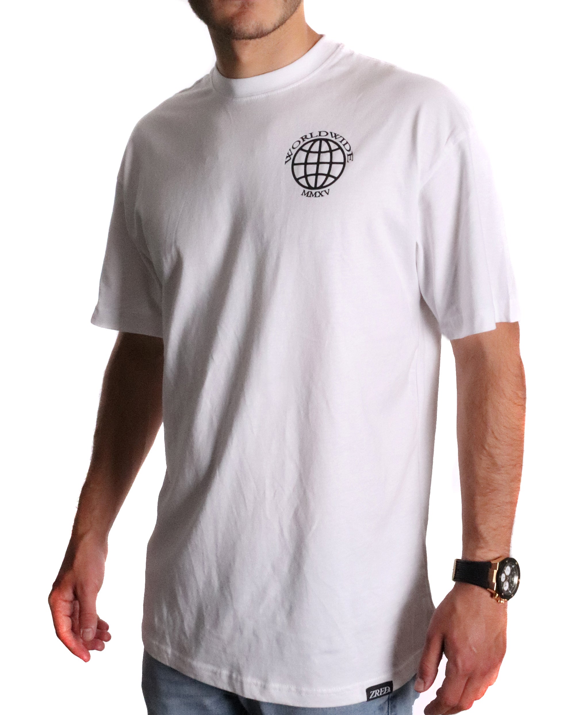 A stylish white oversized tee featuring 'ZREDCOMP' print on the back and international World print on the front, made from high-quality cotton.