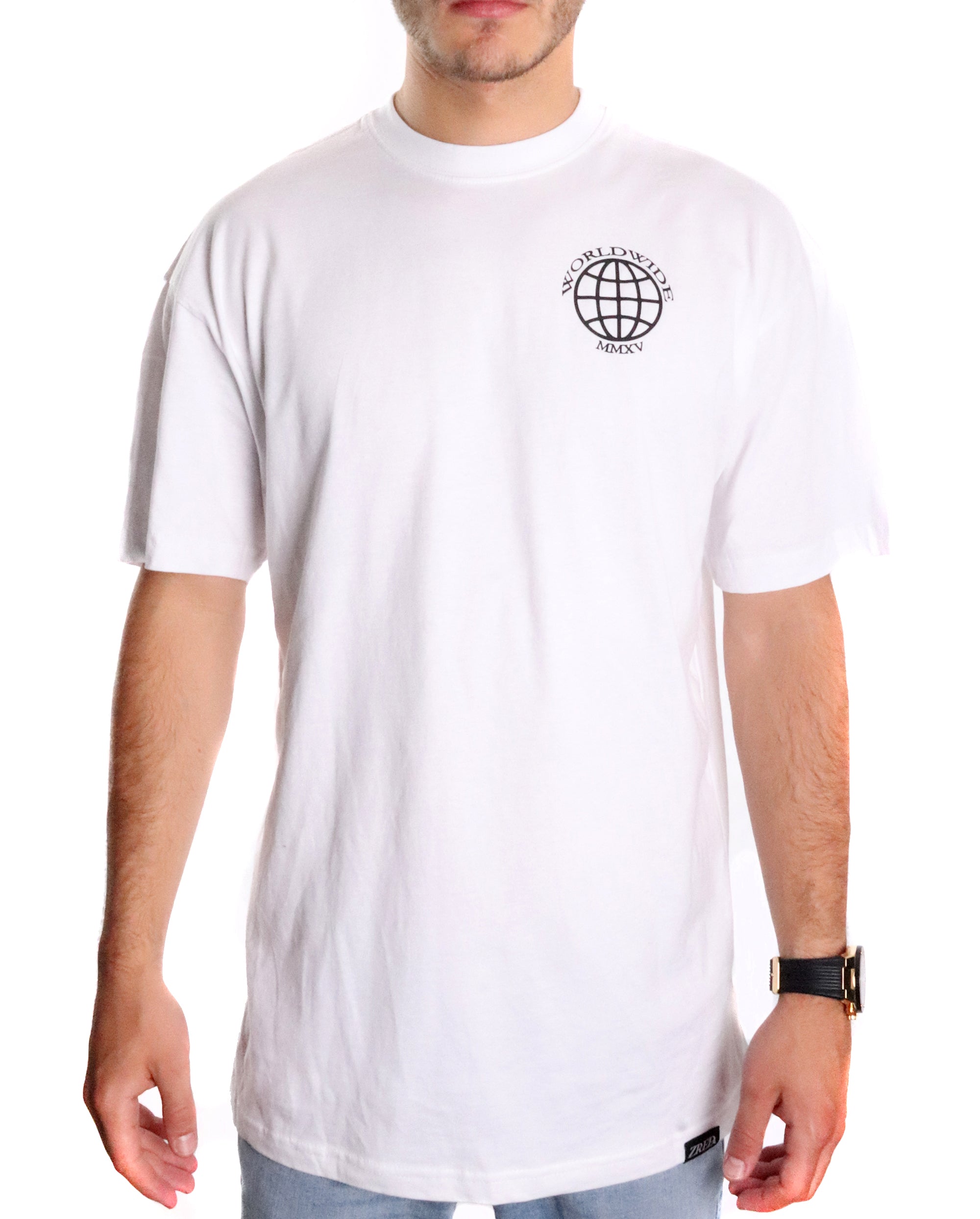 A stylish white oversized tee featuring 'ZREDCOMP' print on the back and international World print on the front, made from high-quality cotton.