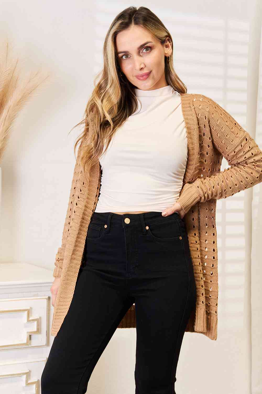 Woven Right Openwork Horizontal Ribbing Open Front Cardigan in a stylish design, showcasing its unique openwork pattern and ribbed texture.