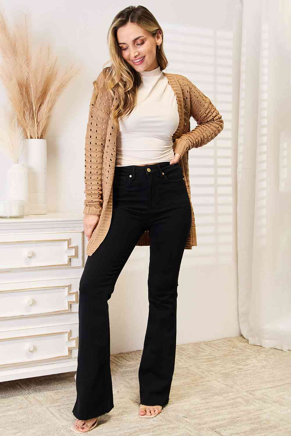 Woven Right Openwork Horizontal Ribbing Open Front Cardigan in a stylish design, showcasing its unique openwork pattern and ribbed texture.