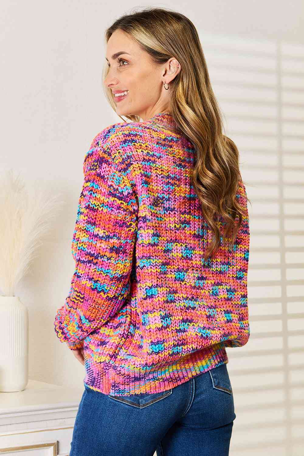 Woven Right V-Neck Long Sleeve Cardigan in a stylish setting, showcasing its elegant design and comfortable fit.