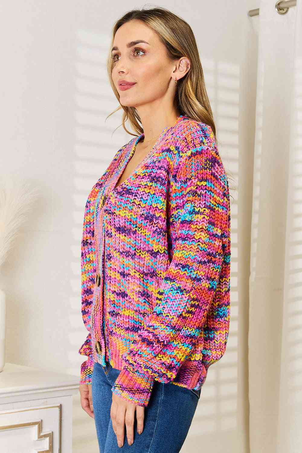 Woven Right V-Neck Long Sleeve Cardigan in a stylish setting, showcasing its elegant design and comfortable fit.