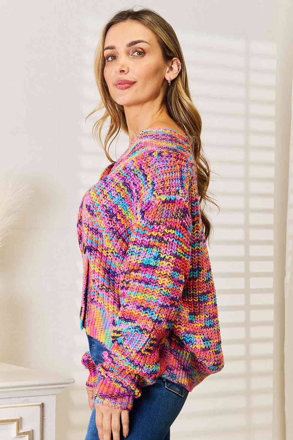 Woven Right V-Neck Long Sleeve Cardigan in a stylish setting, showcasing its elegant design and comfortable fit.