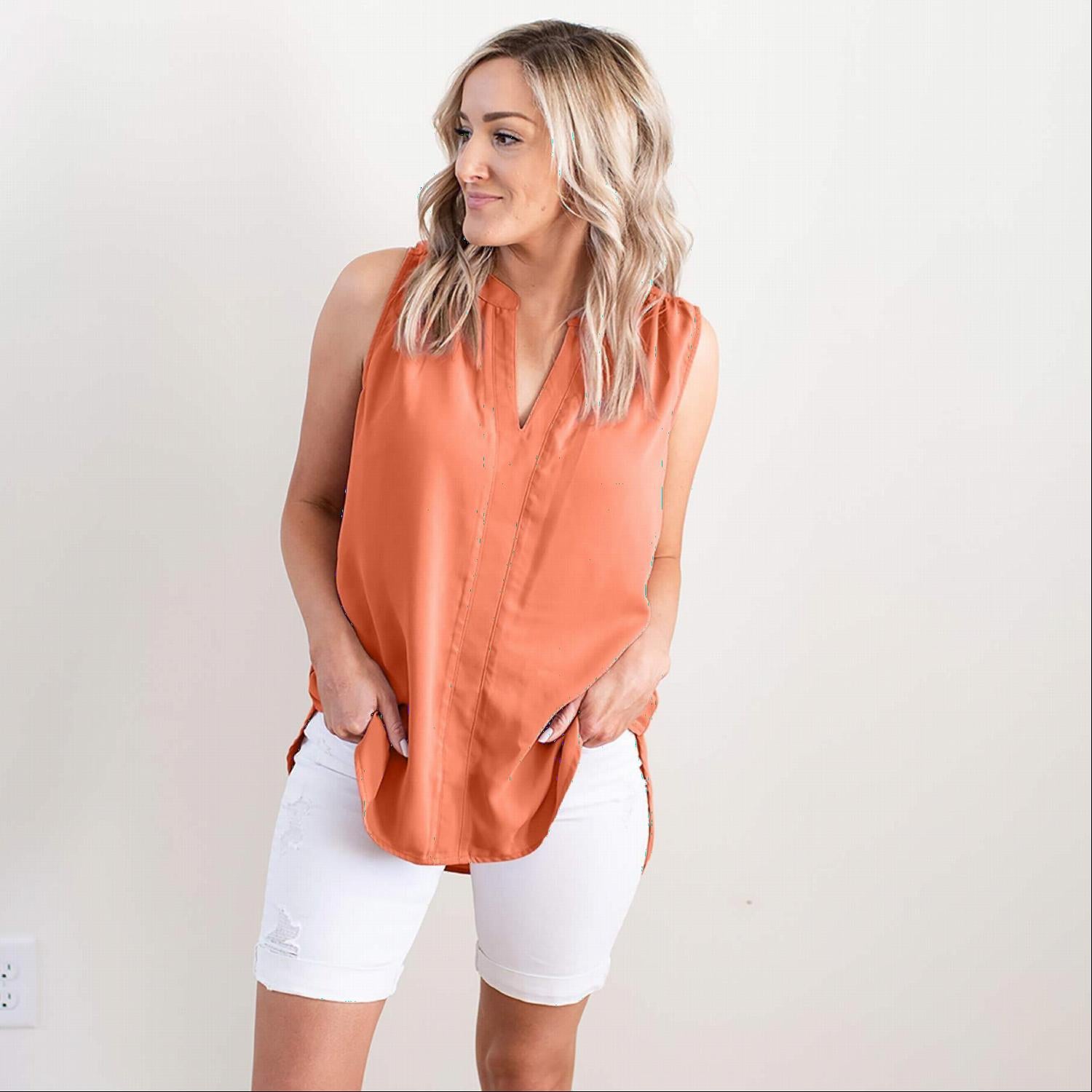 Woven Wool Peach Split Neck Sleeveless Blouse featuring a mandarin collar and vee neck, perfect for summer wear.