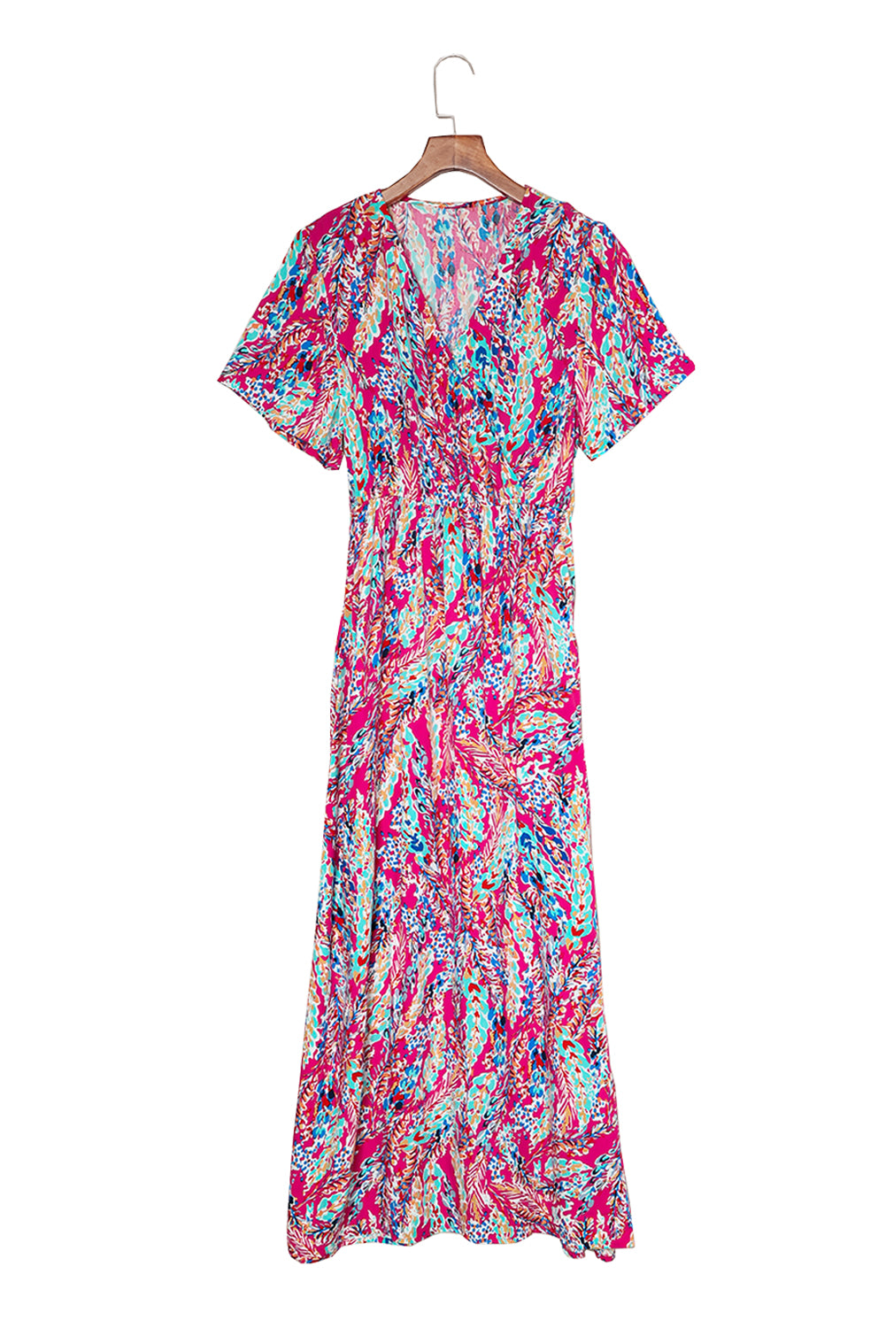 A beautiful woman wearing a Wrap V Neck Floral Maxi Dress with a vibrant floral print, flutter sleeves, and a flattering silhouette, perfect for summer occasions.