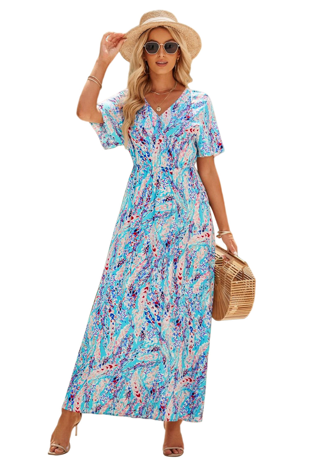 A stylish Wrap V Neck Floral Maxi Dress featuring a vibrant floral print, flutter sleeves, and a flattering wrap design, perfect for summer occasions.