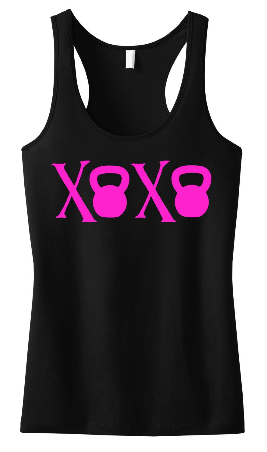 Black sheer mini rib racerback tank top with XOXO Kettlebells logo, perfect for workouts.