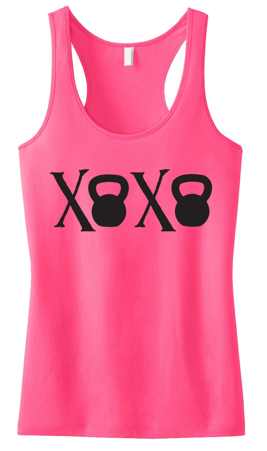 XOXO Workout Tank Top in pink with kettlebells design, featuring a racerback style and soft fabric, perfect for workouts.