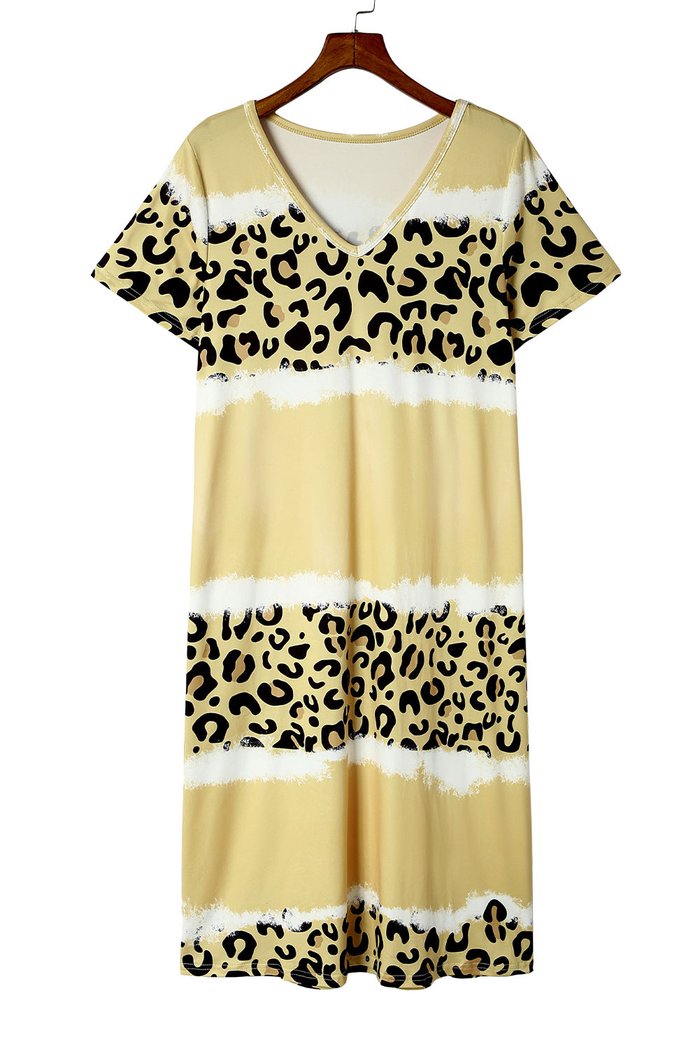 Yellow Leopard Color Block V-Neck T-shirt Dress featuring a vibrant tie-dye and leopard print pattern, short sleeves, and an A-line silhouette.