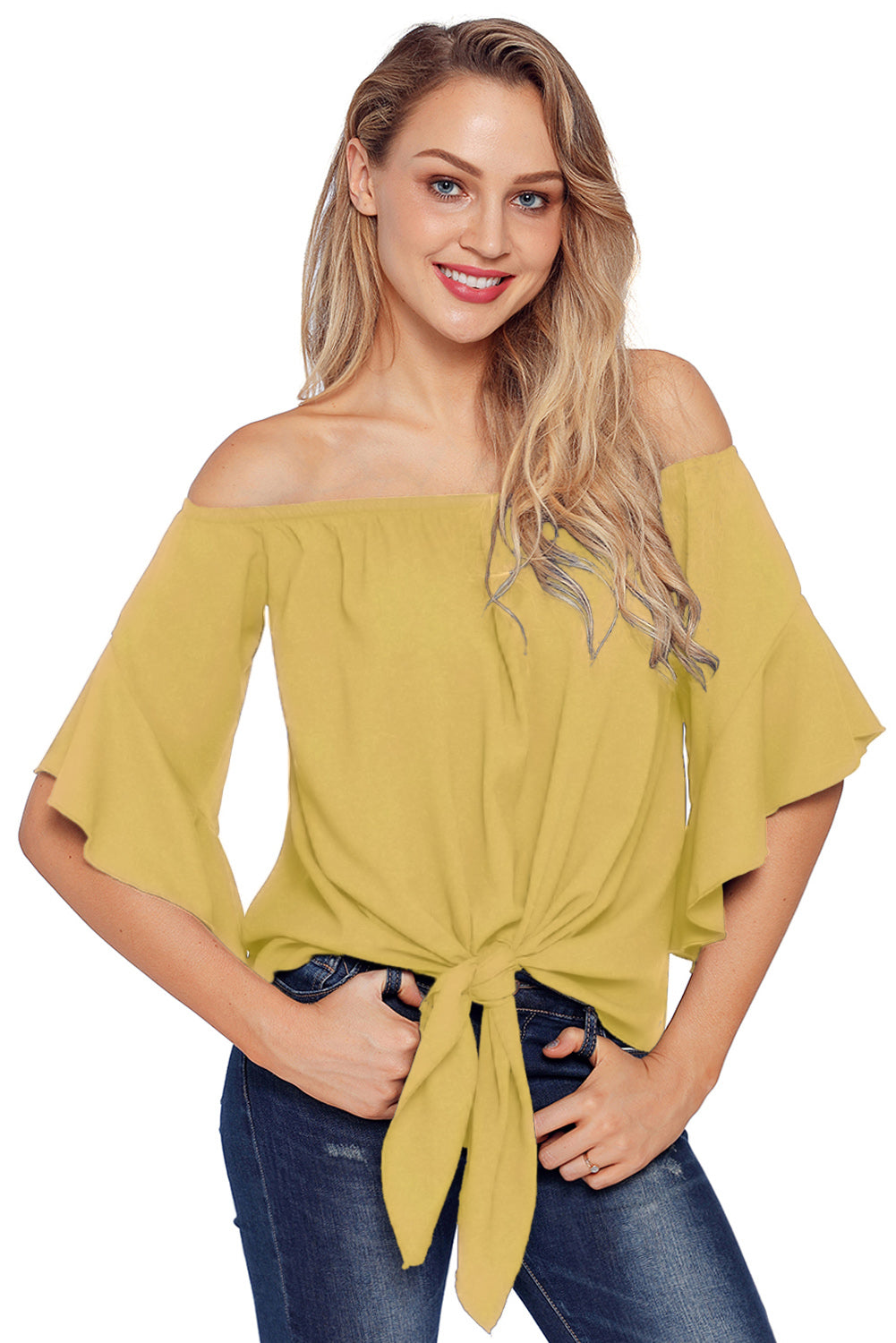 A stylish yellow off-the-shoulder blouse with knot front and ruffle sleeves, perfect for summer outings.