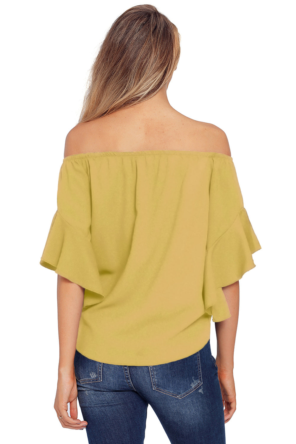 A stylish yellow off-the-shoulder blouse with knot front and ruffle sleeves, perfect for summer outings.