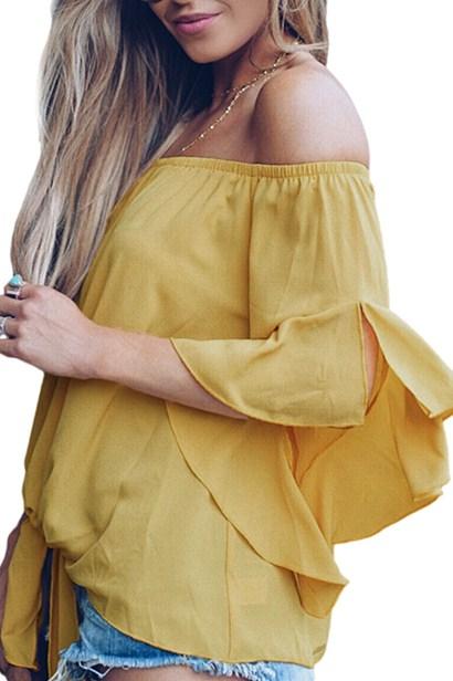 A stylish yellow off-the-shoulder blouse with knot front and ruffle sleeves, perfect for summer outings.