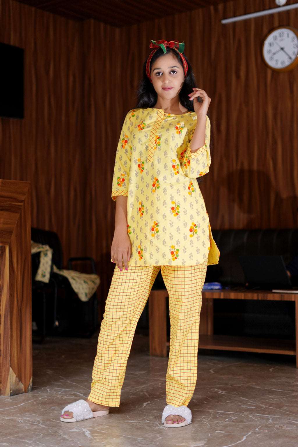 A vibrant yellow printed cotton night suit set featuring a comfortable top and matching pants, perfect for cozy nights.