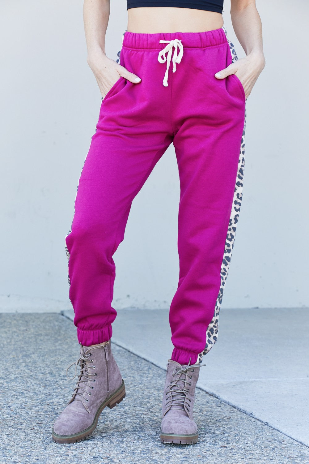 Zenana Animal Lover Full Size Leopard Panel Joggers in Magenta featuring a drawstring waist and side pockets, perfect for casual wear.