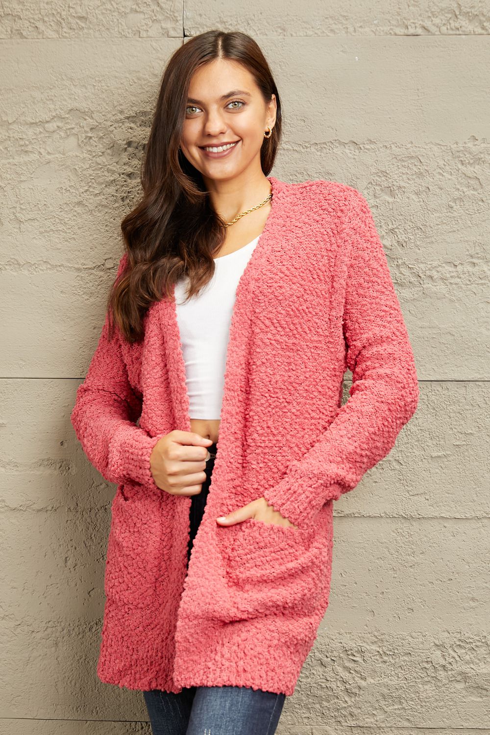 Zenana Falling For You Full Size Open Front Popcorn Cardigan in a cozy knit texture with pockets, perfect for chilly days.