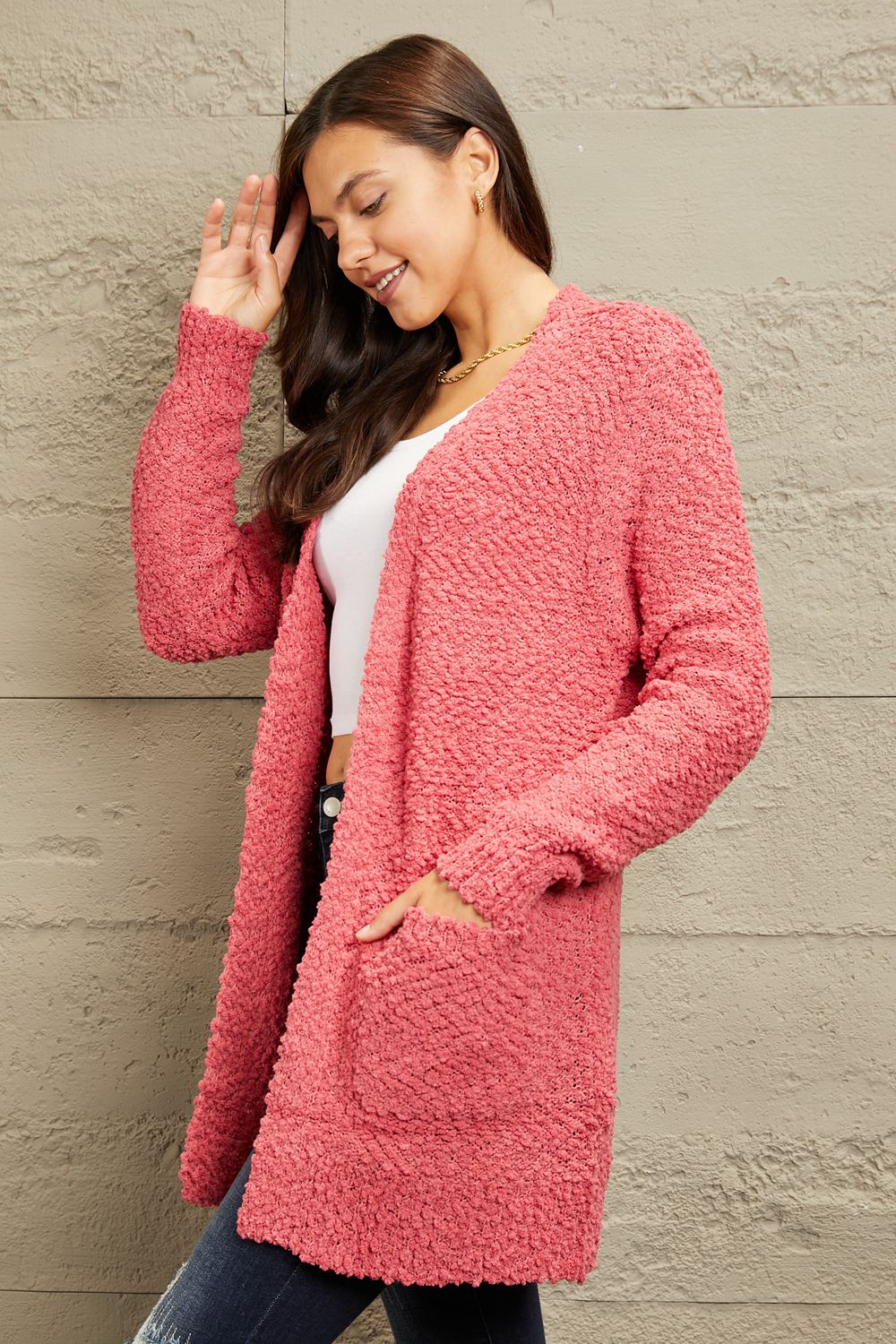 Zenana Falling For You Full Size Open Front Popcorn Cardigan in a cozy knit texture with pockets, perfect for chilly days.