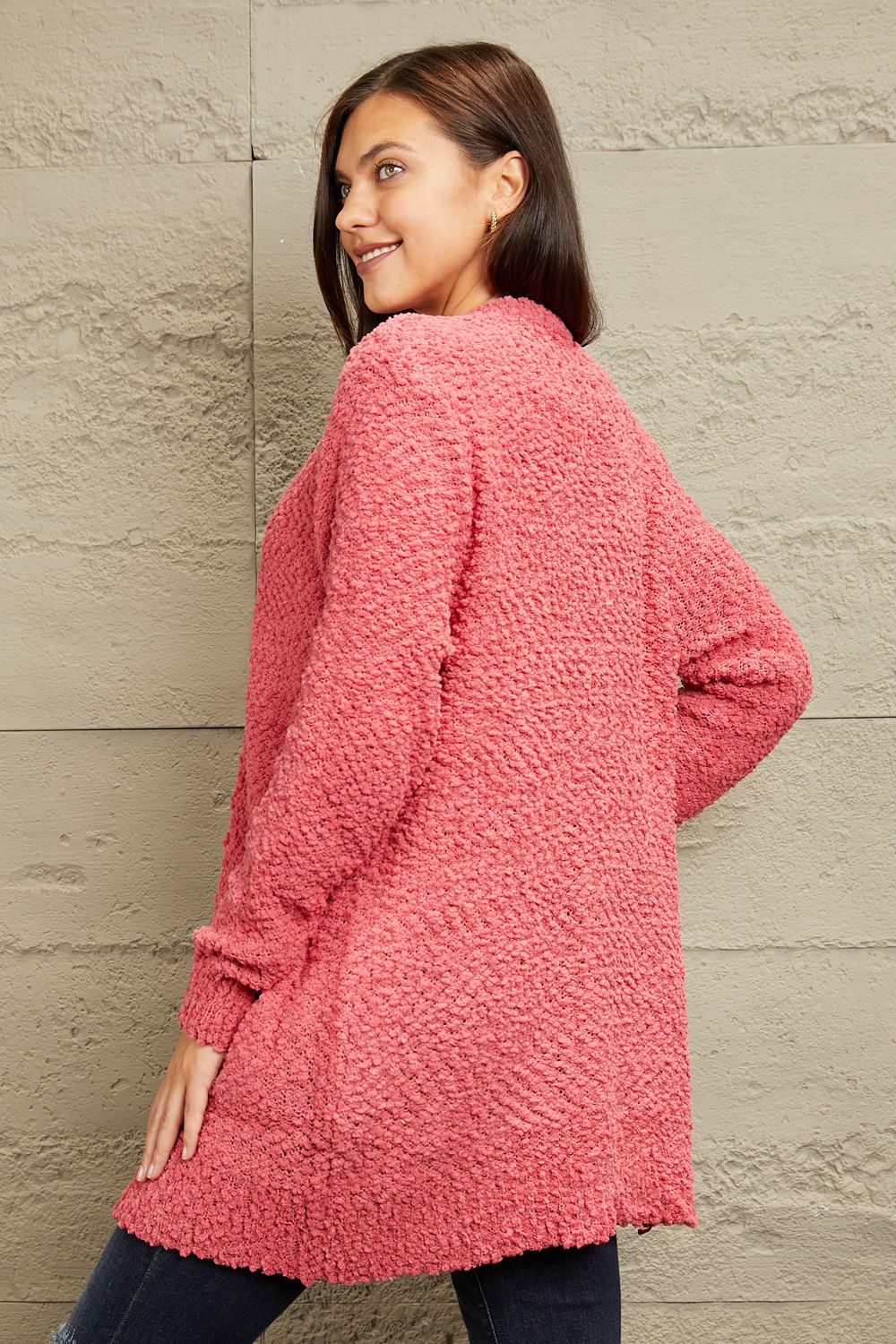 Zenana Falling For You Full Size Open Front Popcorn Cardigan in a cozy knit texture with pockets, perfect for chilly days.