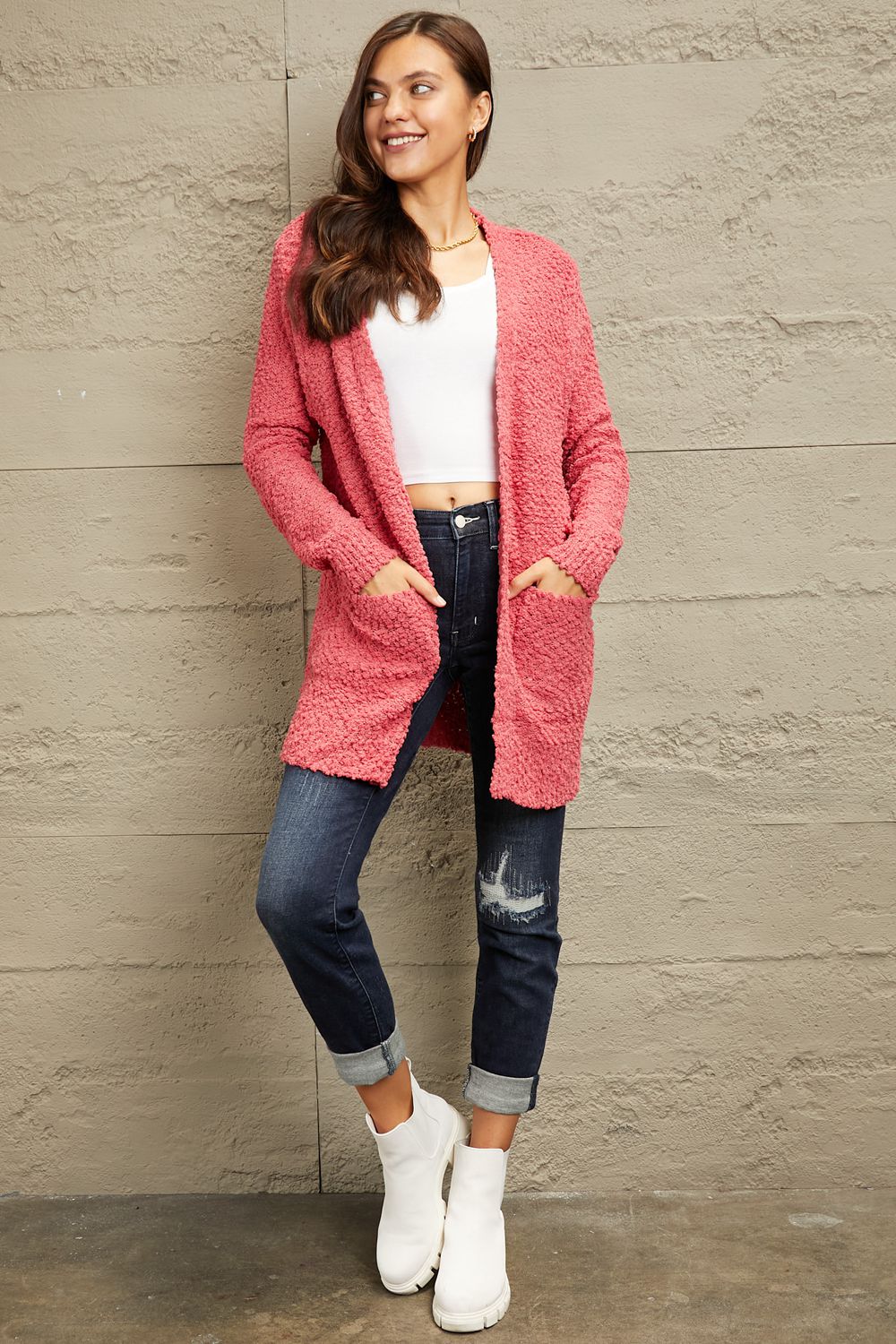 Zenana Falling For You Full Size Open Front Popcorn Cardigan in a cozy knit texture with pockets, perfect for chilly days.