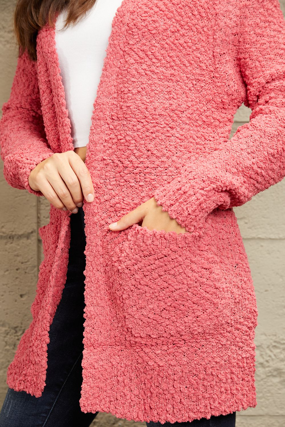 Zenana Falling For You Full Size Open Front Popcorn Cardigan in a cozy knit texture with pockets, perfect for chilly days.