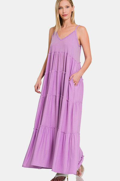 Zenana Frill Tiered V-Neck Maxi Cami Dress featuring a tiered frill design and elegant V-neckline, perfect for special occasions.