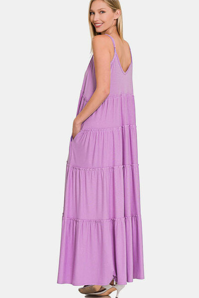 Zenana Frill Tiered V-Neck Maxi Cami Dress featuring a tiered frill design and elegant V-neckline, perfect for special occasions.