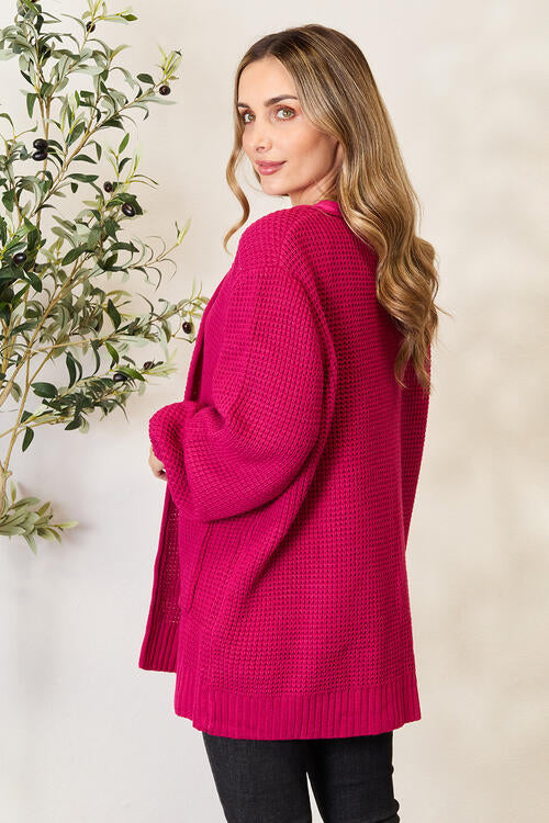 Zenana Full Size Waffle-Knit Open Front Cardigan in a cozy, relaxed fit, showcasing its waffle-knit texture and open front design.