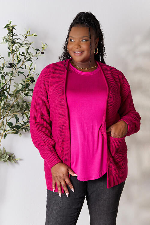 Zenana Full Size Waffle-Knit Open Front Cardigan in a cozy, relaxed fit, showcasing its waffle-knit texture and open front design.