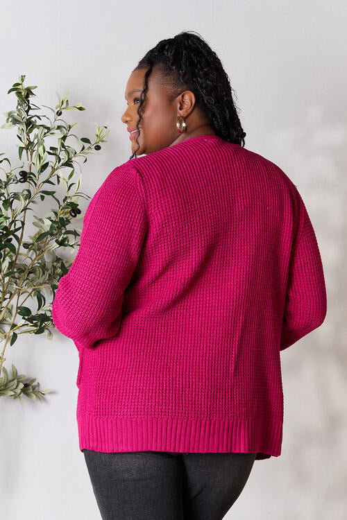 Zenana Full Size Waffle-Knit Open Front Cardigan in a cozy, relaxed fit, showcasing its waffle-knit texture and open front design.