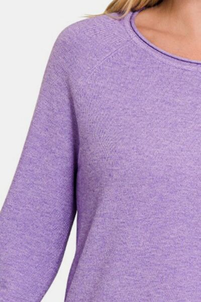 Zenana Rolled Round Neck Long Sleeve Sweater in a soft fabric, featuring a rolled neckline and long sleeves, perfect for casual and polished looks.