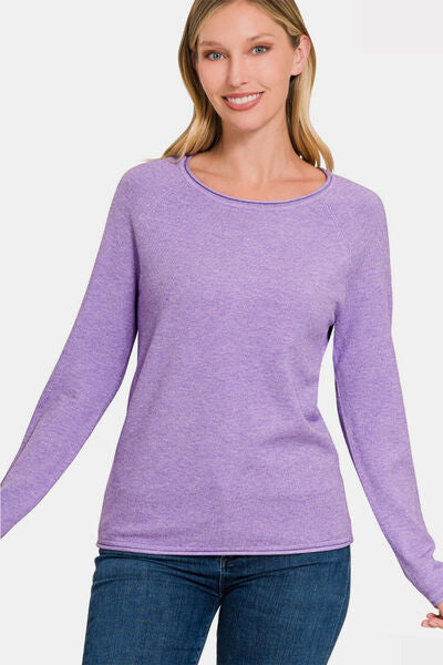 Zenana Rolled Round Neck Long Sleeve Sweater in a soft fabric, featuring a rolled neckline and long sleeves, perfect for casual and polished looks.