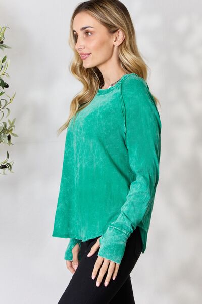 Zenana Round Neck Long Sleeve Top in a classic design, showcasing its round neckline and long sleeves, made from soft 100% cotton.