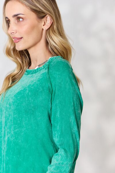 Zenana Round Neck Long Sleeve Top in a classic design, showcasing its round neckline and long sleeves, made from soft 100% cotton.